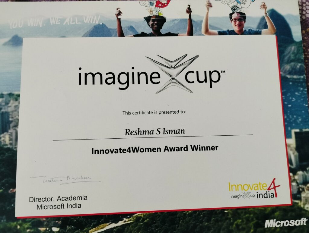 Imagine Cup award certificate presented to Reshma S. Isman